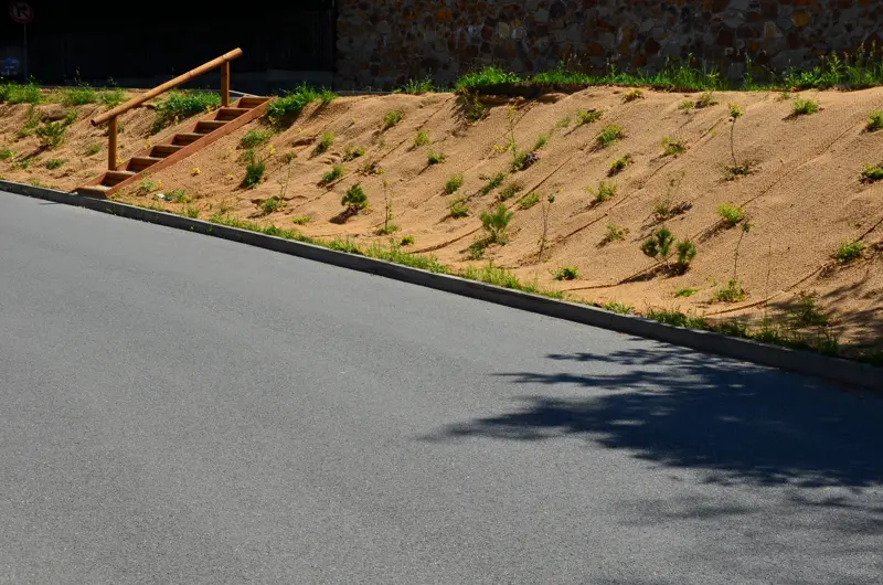 Jute tegen erosie geplaatst op een helling met planten ertussen